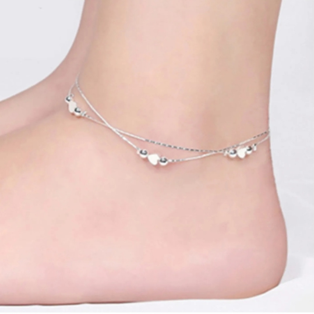 Silver Anklet or Bracelet Heart Charm 2 Tier Layered Strand Chain Ankle Bracelet
